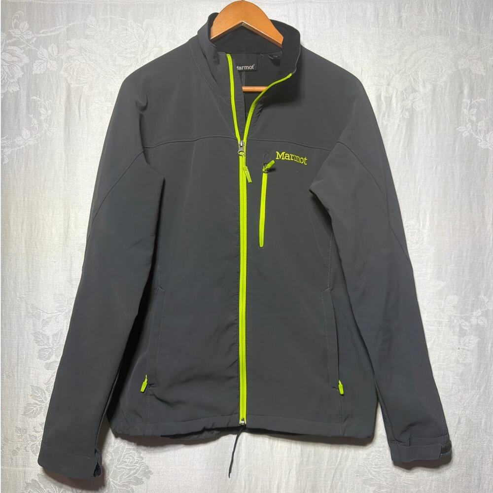 Marmot Jacket Medium Gray Soft Shell Bright Green Zipper Logo Tempo Full Zip